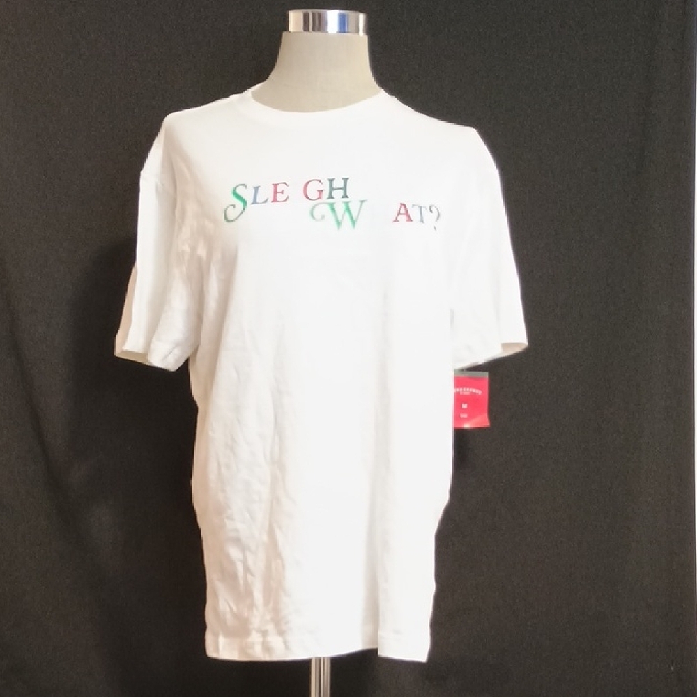 White Graphic T-Shirt with Red and Green Text